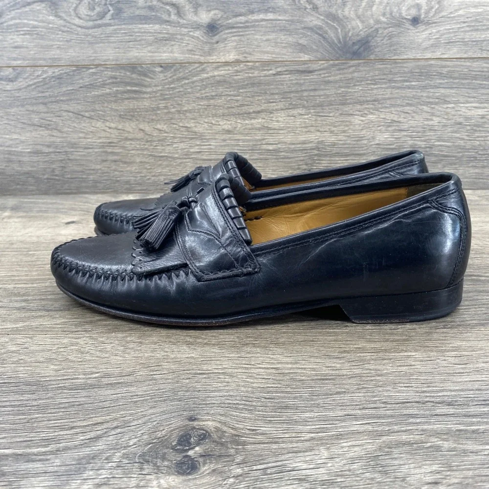 Johnston & Murphy Tassel Kiltie Loafers Mens 8 Black Leather Whipstitch Dress
